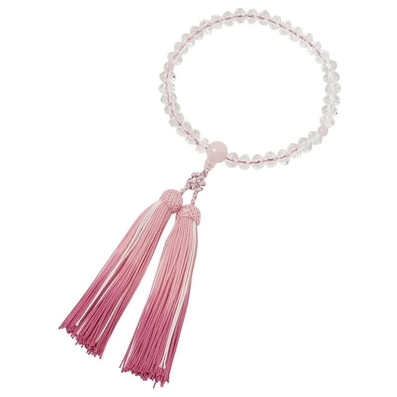 喜芳工房 京念珠 数珠 女性用片手略式念珠 水晶スターシェイプ ﾛｰｽﾞｸｵｰﾂ入 正絹ぼかし房ピンク すべての宗派対応 桐箱入