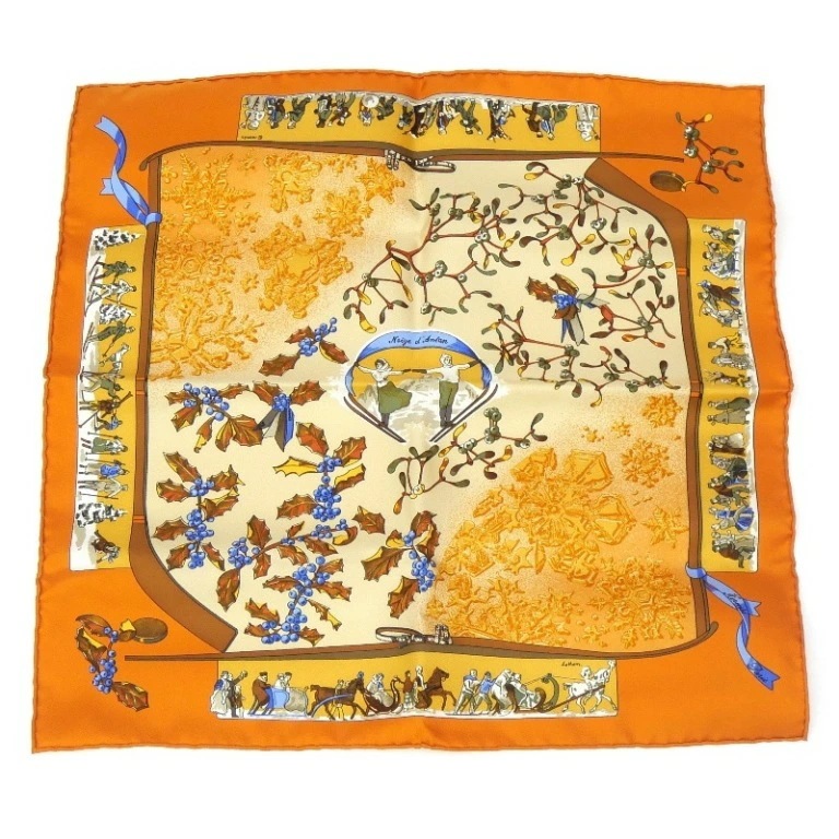 エルメス HERMES スカーフ カレ45 Neige d Antan 去年の雪 オレンジ シルク100％(68547)