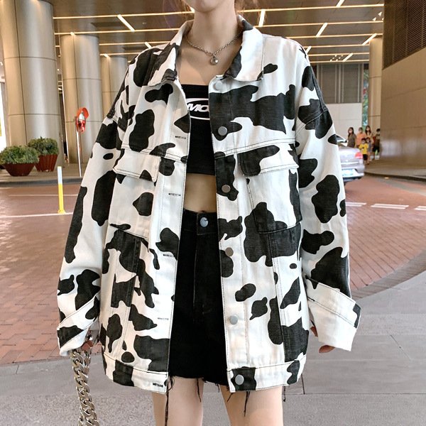 デニムジャケット 牛柄 COW柄 ビッグサイズ 白 黒 アウター ダンス 衣装 ヒ