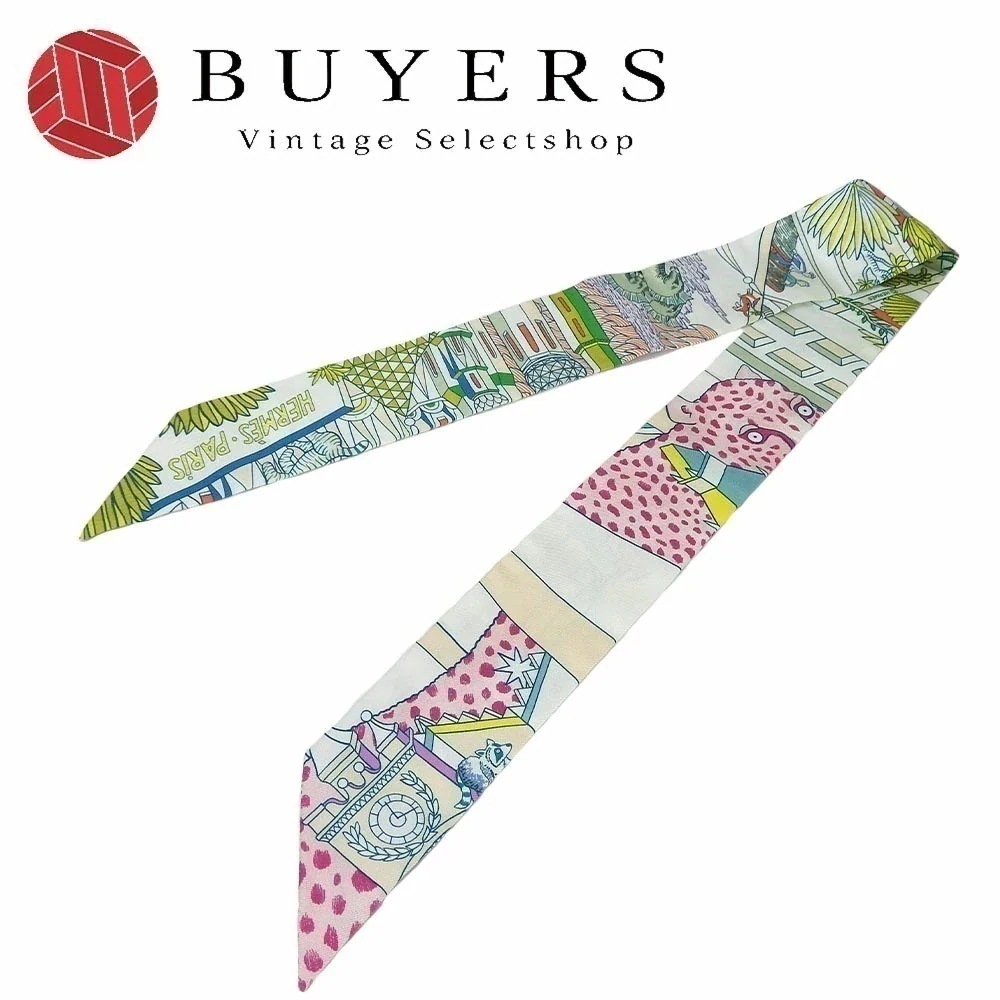 中古 エルメス ツイリー スカーフ シルク100％ アニマポリス ホワイト グリーン ピンク マルチカラー 小物 アクセサリー レディース 女性 オシャレ HERMES Twille scarf Ac