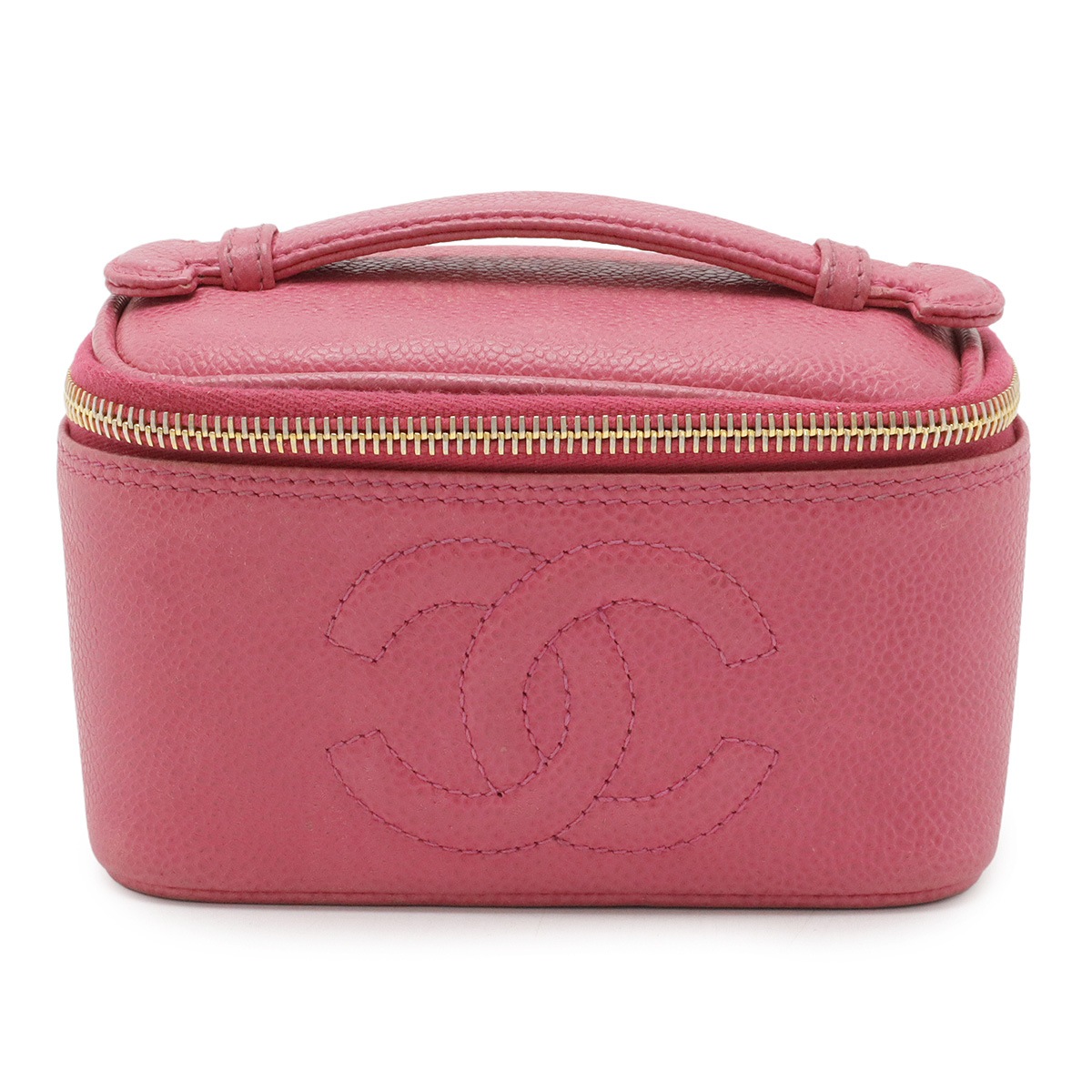 ココマーク バニティバッグ ミニポーチ 化粧ポーチ コスメポーチ キャビアスキン レザー ピンク ゴールド金具 ミラー付