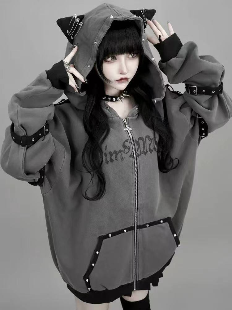 パーカー レディース 猫耳 フード付き かわいい 地雷系 ジップアップパーカー 原宿系 量産系 カジュアル ゆったり ジッパーパーカー 秋 アウター