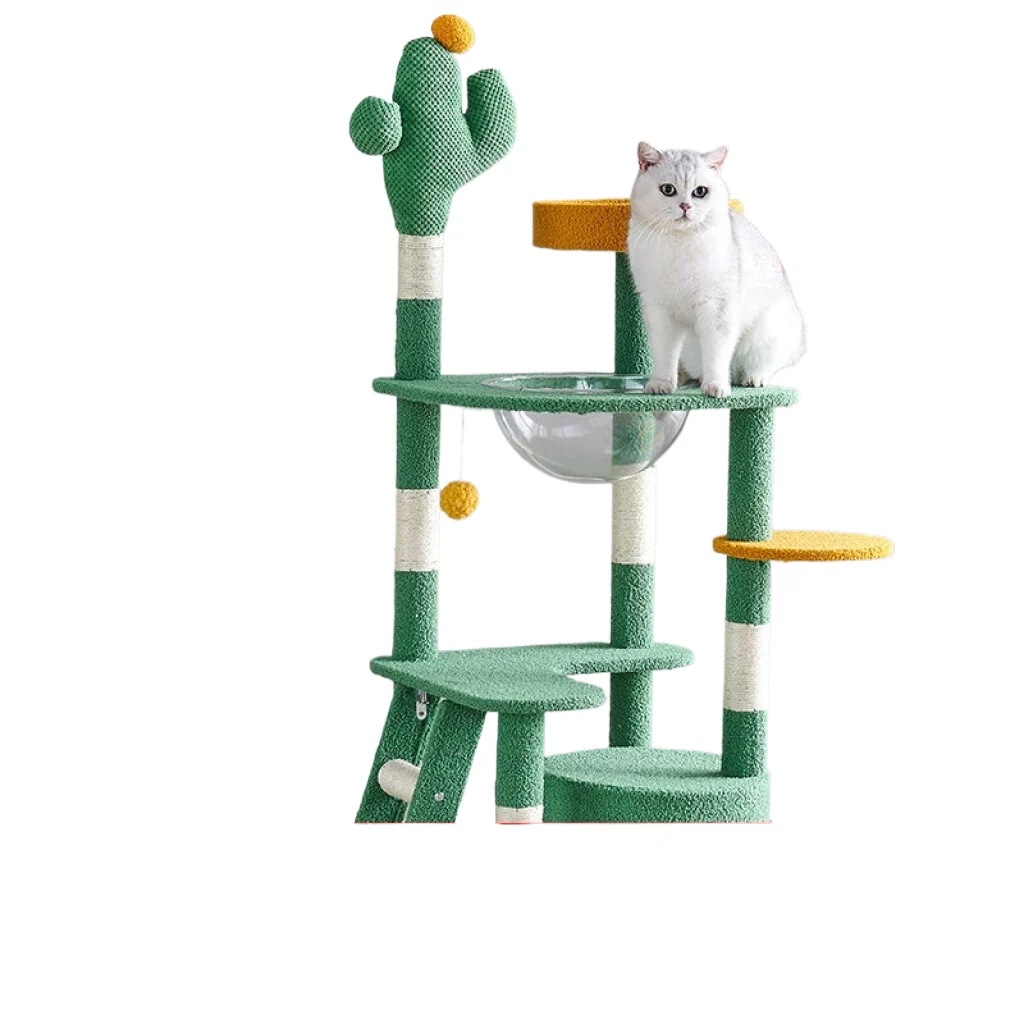 キャットツリー サボテン キャットタワー サイザル麻で覆われた爪とぎポスト居心地の良いコンドミニアム豪華な止まり木と室内猫用のふわふわボール付き