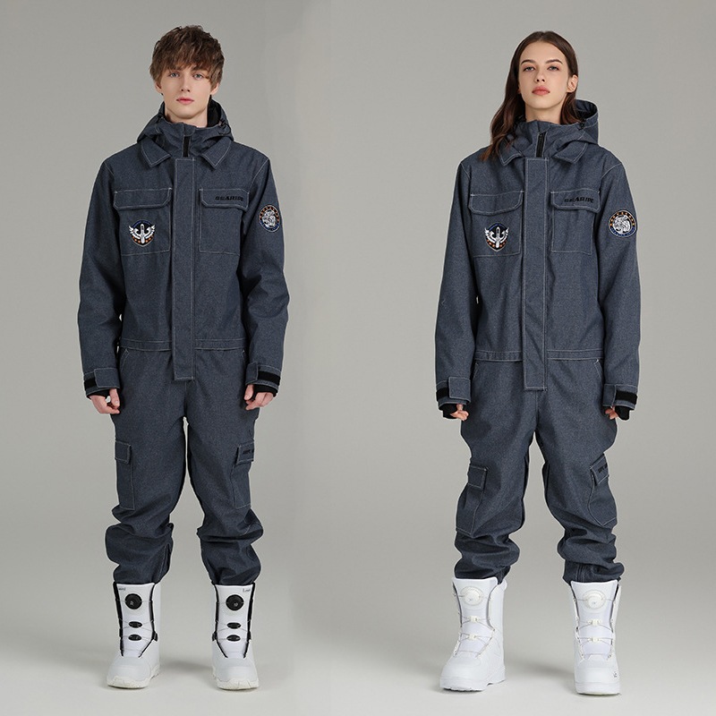 スノーボードウェアスノボウェアデニムつなぎスキーウェア上下セットセットアップレディースメンズ男女兼用スノーボードウェア防寒着
