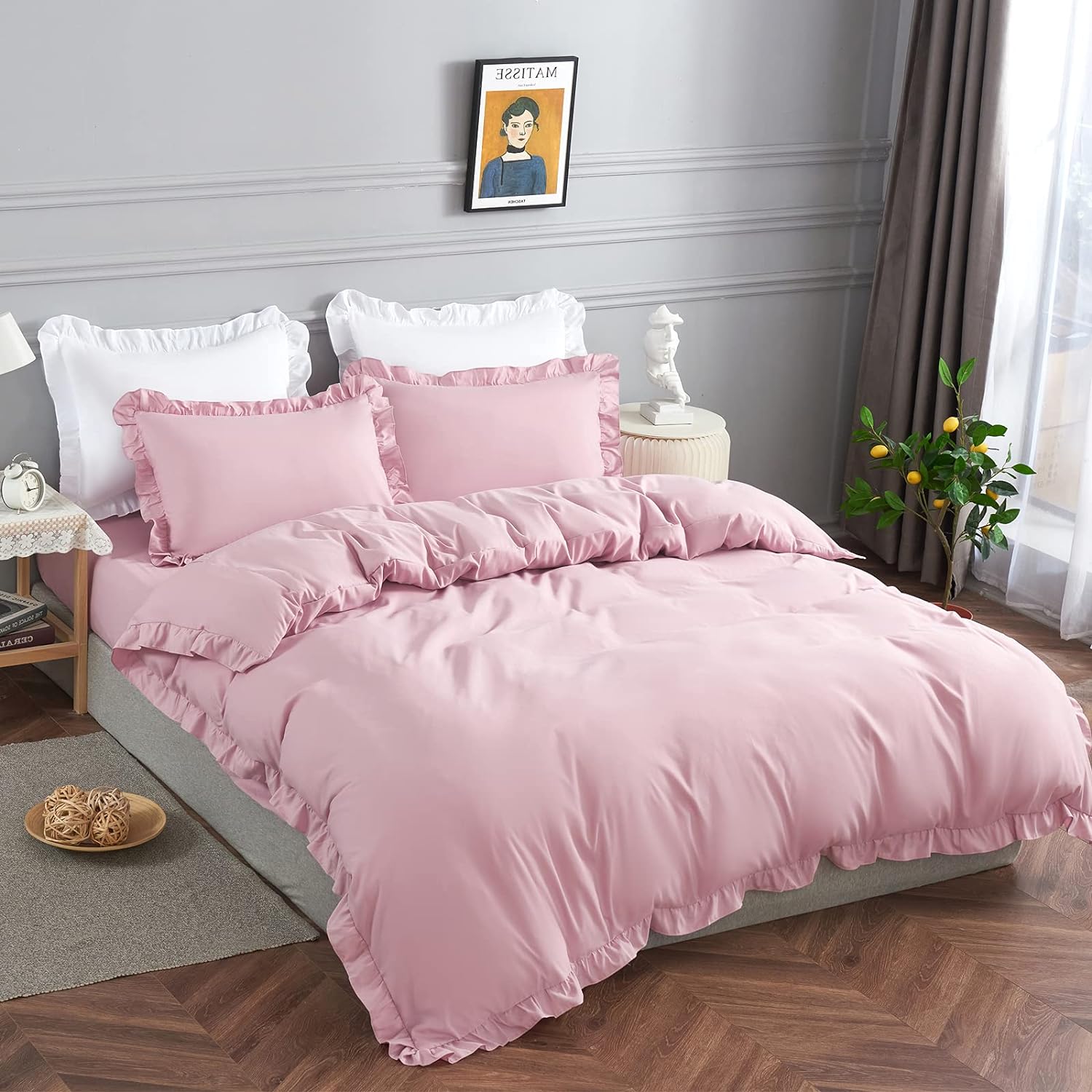 布団カバー セミダブル ダブル 4点セット 掛け布団カバー ベッドカバー 枕カバー ボックスシーツ ベッドシーツ 寝具カバーセット おしゃれ フリル付き ピーチスキン加工 洋式和式兼用 洗い替え