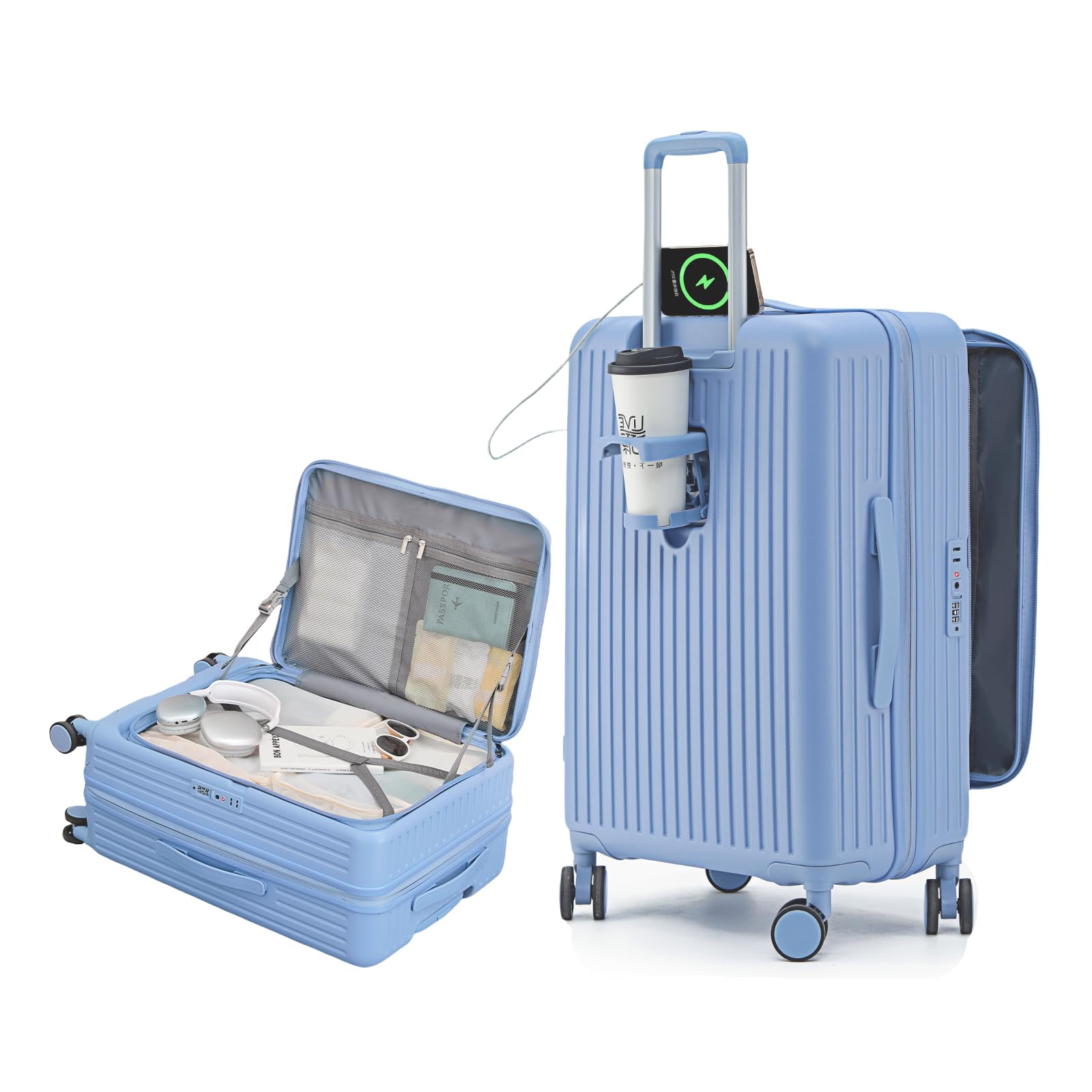 [SupTrip] スーツケース キャリーケース 多機能 片開き 拡張機能付き 機内持ち込み キャリーバッグ フロントオープン USBポート付き カップホルダー付き 隠しフック機能 超軽量 耐衝撃 静