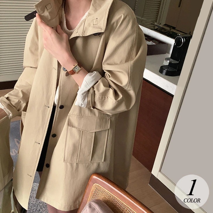 フード付き トレンチ コート アウター 羽織り ロング ミディアム ベージュ 無地 可愛い カジュアル シンプル きれいめ 秋 冬 レディース 韓国ファッション