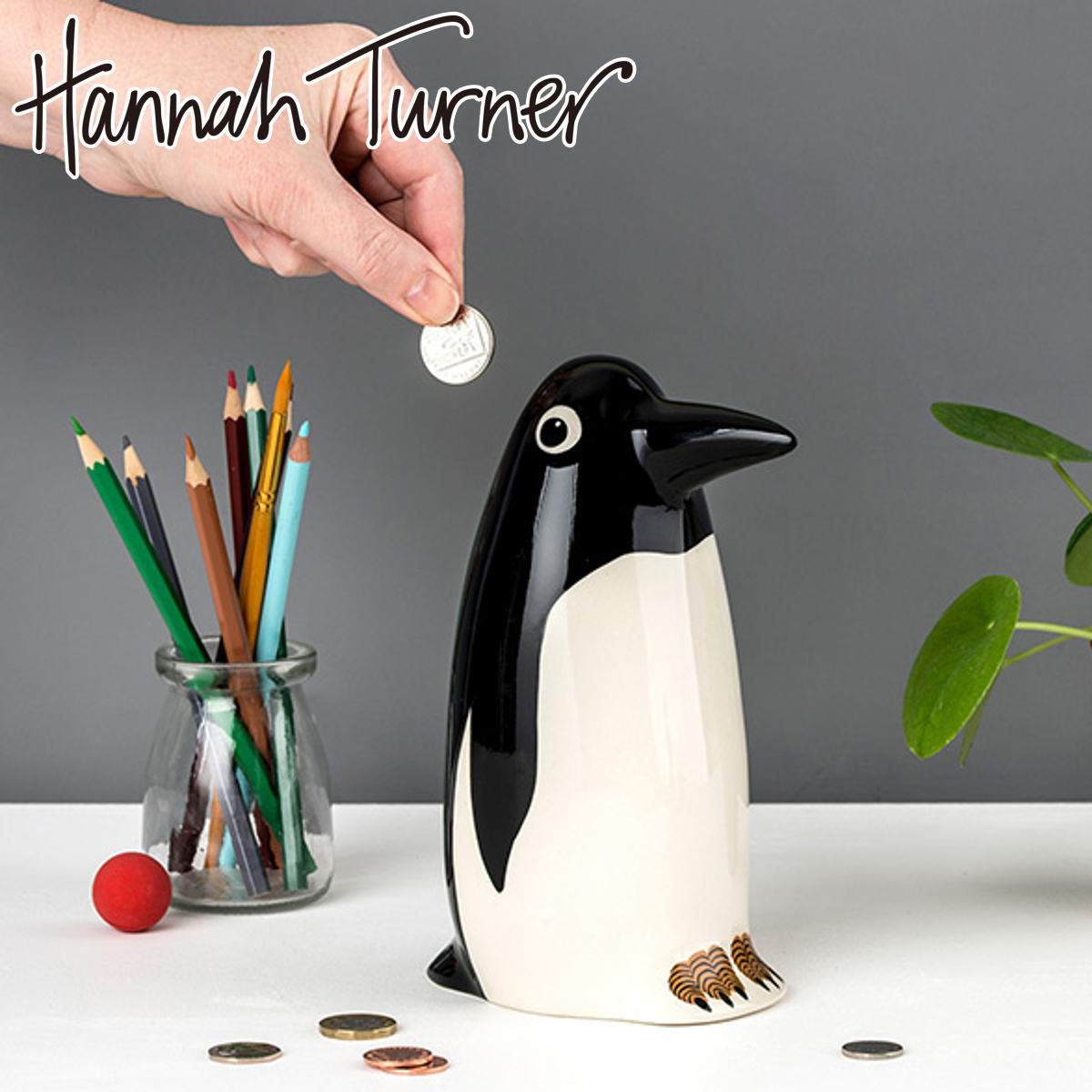 貯金箱 Hannah Turner Money box Penguin ペンギン ハンナターナー マネーボックス コイン マネーバンク 500円玉 貯まる コイン入れ 500円玉貯金 陶器
