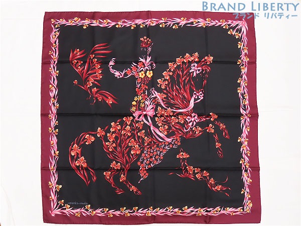 未使用エルメスカレ90H.dOrignyCHEVALfleuri花咲く馬大判スカーフストールショールプルーンローズノワールシルクH001396S