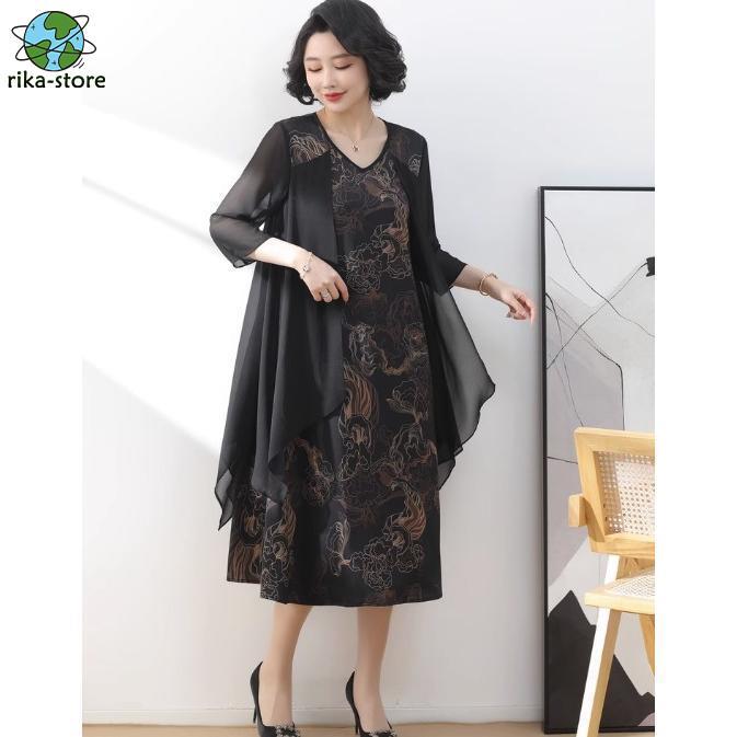 夏の新製品ワンピースドレス 50代 60代 パーティードレス 結婚式 お呼ばれドレス 50代 大きいサイズ 3L 袖あり 七分袖 重ね着風 ミモレワンピース ロング丈 シアー Vネック