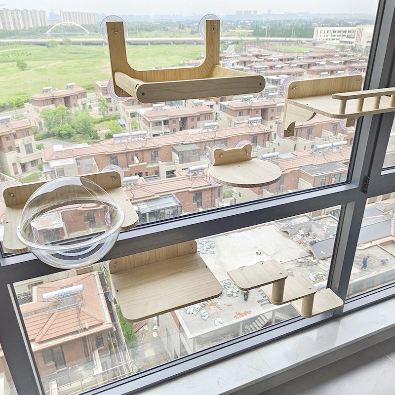 パンチフリー吸盤無垢材猫クライミングフレーム壁掛けスカイガラス窓枠吊り下げ猫壁猫巣ハンモック