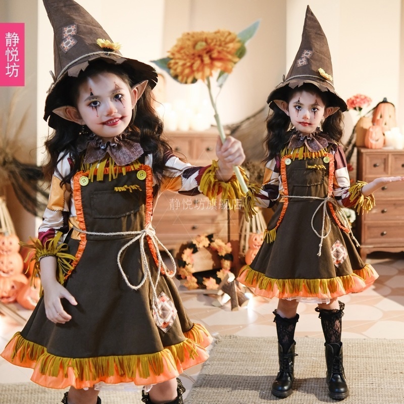 ハロウィンコスチューム子供用カボチャドレスかかし牧歌的ドレスコスチュームガールズドレスハンター衣装ロビンフッド