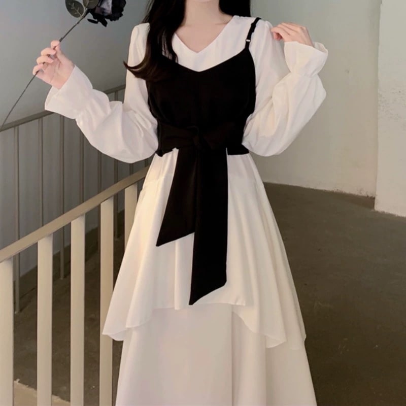 レディース ワンピース 膝下 ロング 長袖 萌袖 フリル袖 Vネック 襟なし フレア Aライン アシンメトリー 切り替え フェミニン フリル ハイウエスト 切り替えデザイン かわいい きれいめ 上品