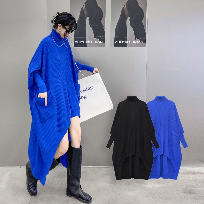 ゆったりニット ロングワンピース トルーマンスリープ タートルネックネック マキシ無地マキシ3299