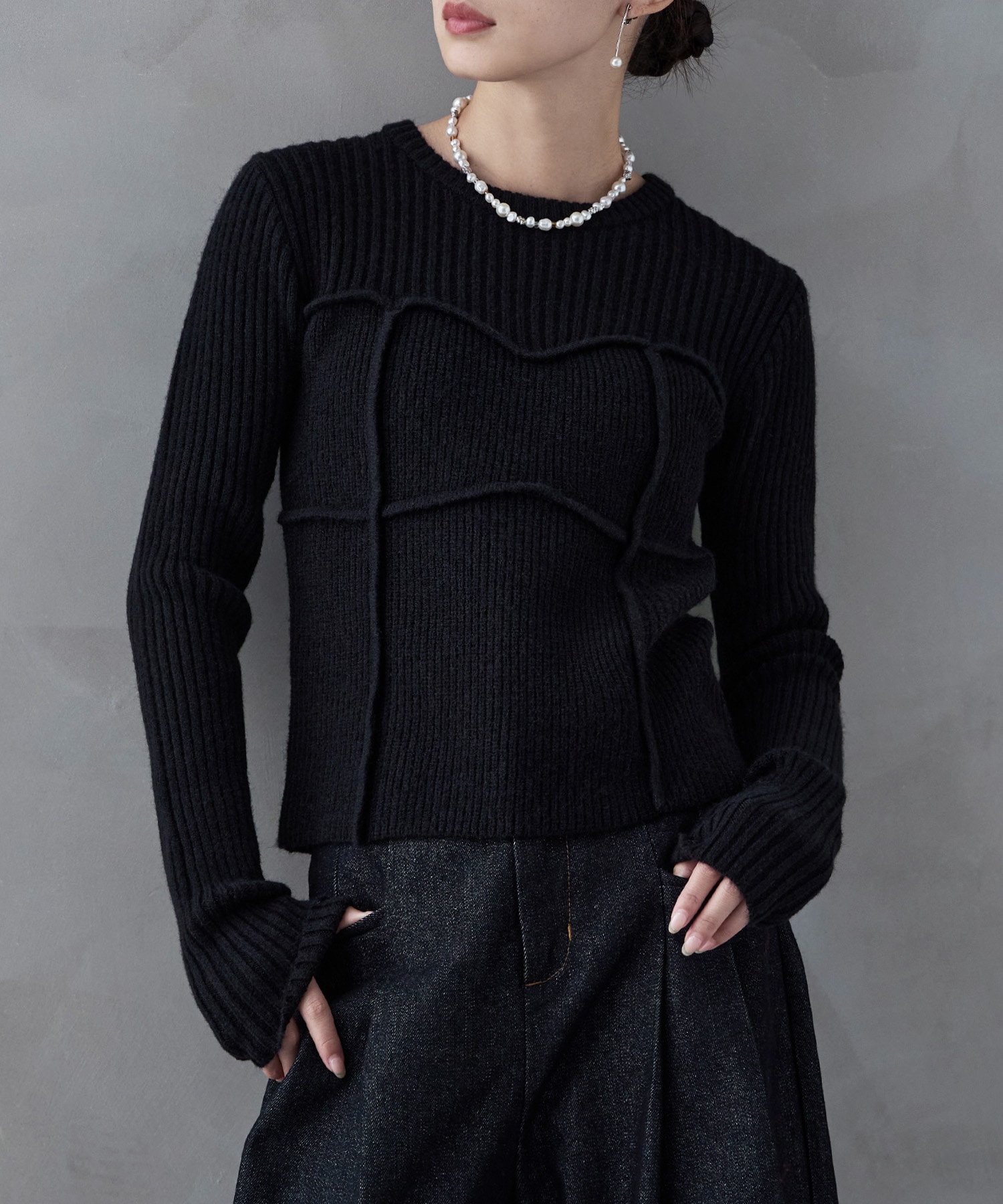 アルパカタッチビスチェライクリブニット トップス ニット 長袖 リブニット プルオーバー ビスチェ風 ビスチェライク ラインデザイン レイヤード 重ね着 アルパカタッチ アルパカライク パイピング