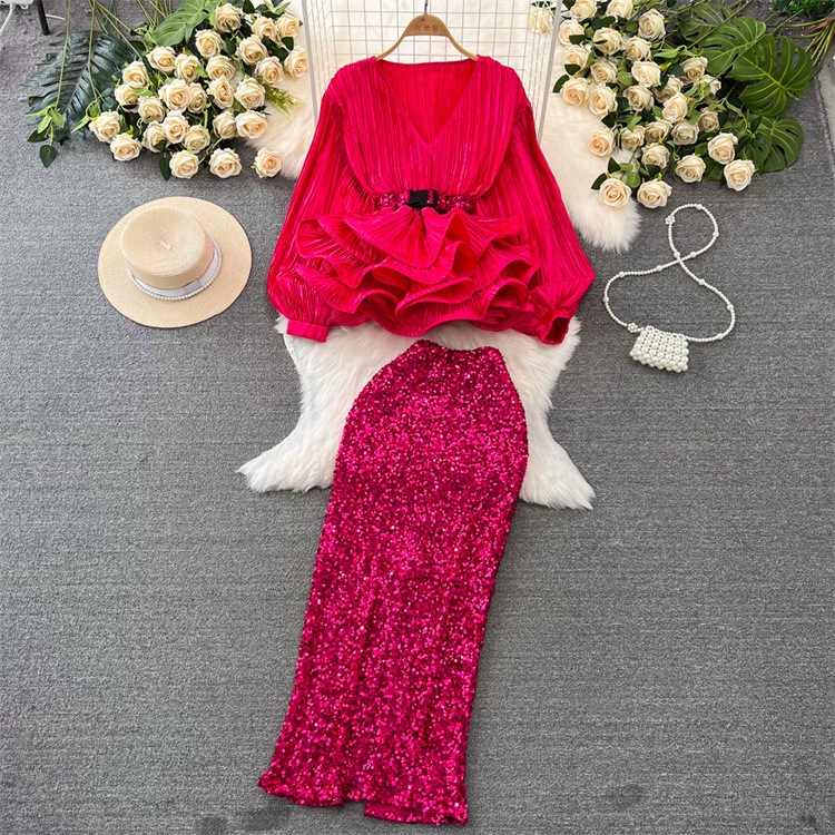 早い者勝ち セットアップ ランタンスリーブ 長袖 Vネック フリル 光沢 気質 シャツ ハイウエスト スパンコール ブラウス ロングスカート