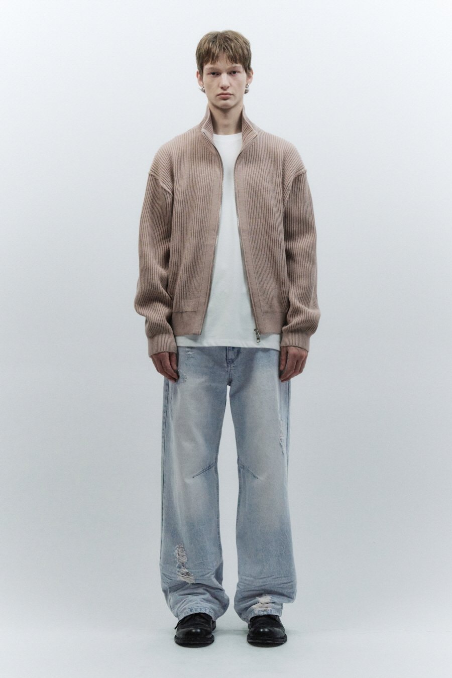 【INSILENCE】 OVERSIZED FIT KNITWEAR ZIP-UP : DUSTY PINK