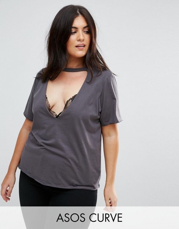 ASOS エイソス レディース 大きめサイズ ゆったりサイズ 送料無料 Washed grey CURVE T-Shirt with High Neck Ravage Plunge With Lac