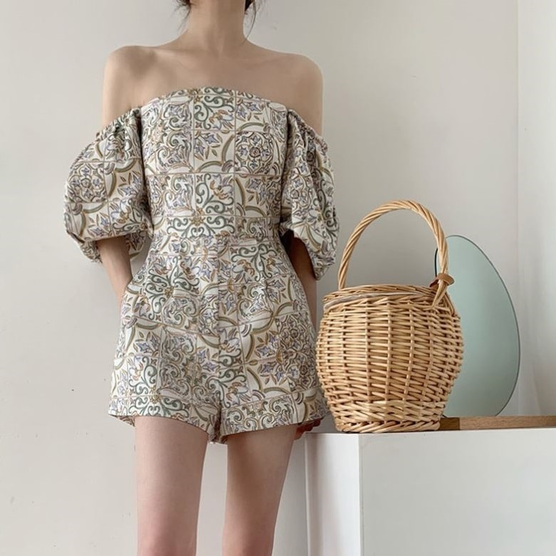 【送料無料】レディース サロペット ロンパース ボリューム袖 プリント柄 ショート丈