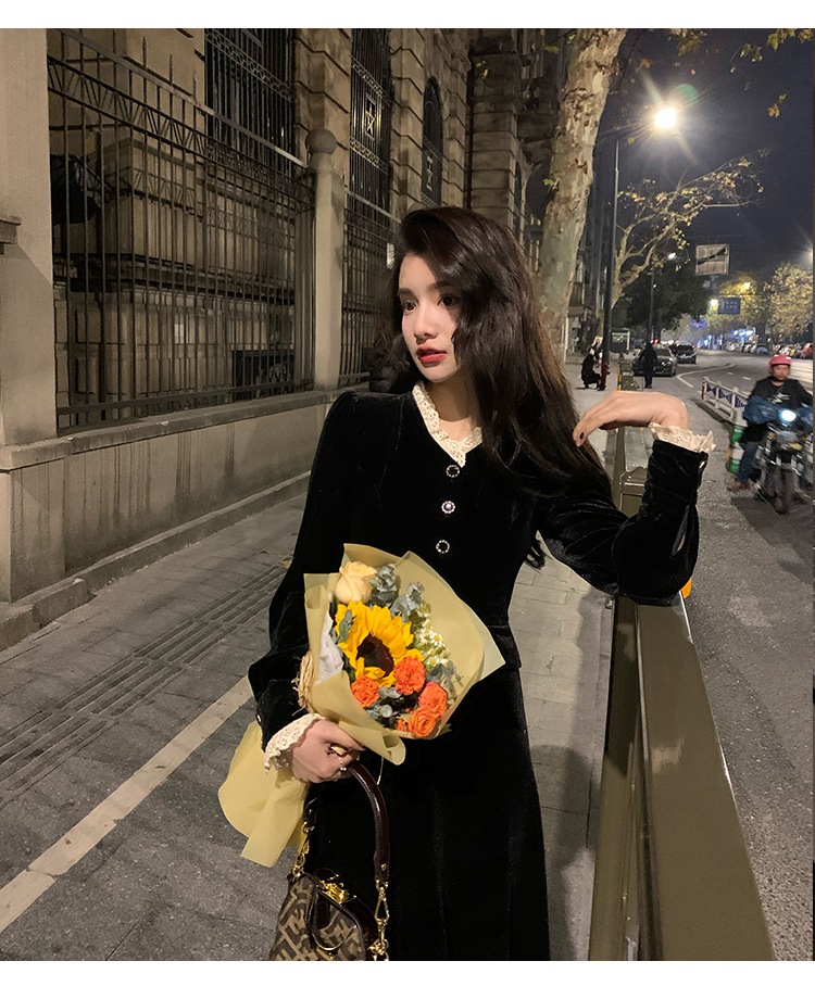 ブラック ドレス シック デザイン ドレス フレンチ レトロ スリム ウエスト ベルベット ドレス ブラック ＳＭＬXL かわいい 大人可愛い きれいめ シンプル カジュアル 大人 上品 おしゃれ