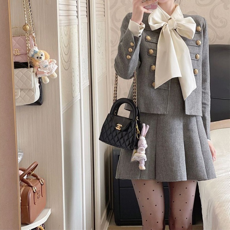 エレガントで洗練された女性用ツーピーススーツ秋冬シャネル風コートリボン付きフェイクツーピースドレス