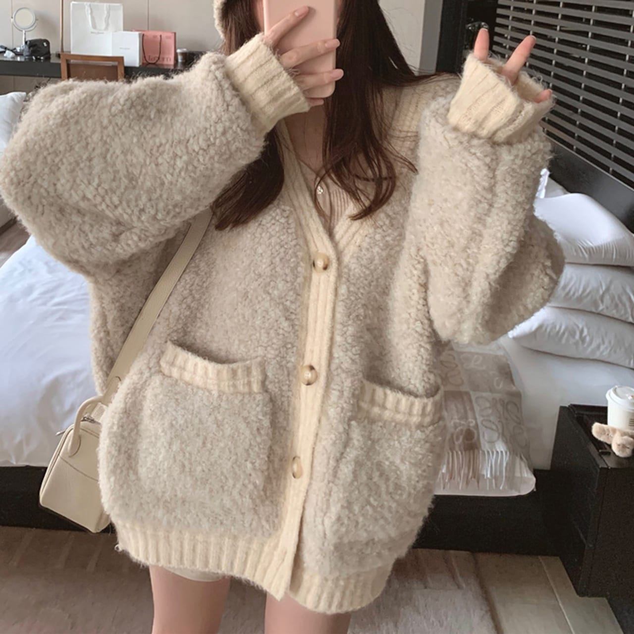 もこもこボアニットカーディガン ボアカーディガン Vネックカーディガン セーターカーディガン　カーディガン　ミドル丈　アウター　ルーズ　レディース　セータージャケット　a2354