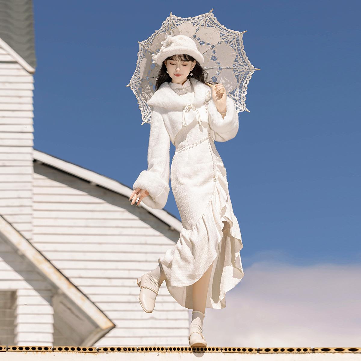 【フルセット】白月光新韓国民魚尾ワンピース長袖コート秋冬セット