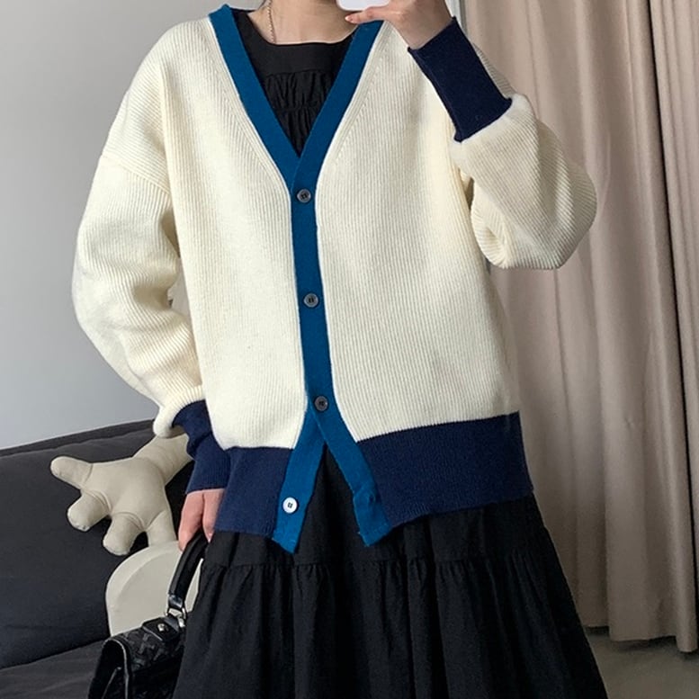 2color レディース バイカラーカーディガン MIX色リブニットカーデ ニット トップス