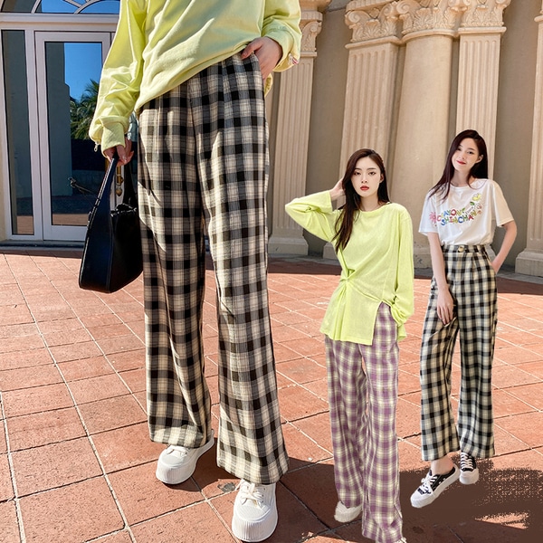 LIERKISS カジュアル万能 おしゃれチェック柄ストレートパンツ