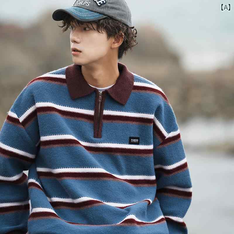 セーター メンズ ニット トップス 秋冬 ハーフジップ ファッション カジュアル ボーダー コントラストカラー ブルー ネイビー グリーン