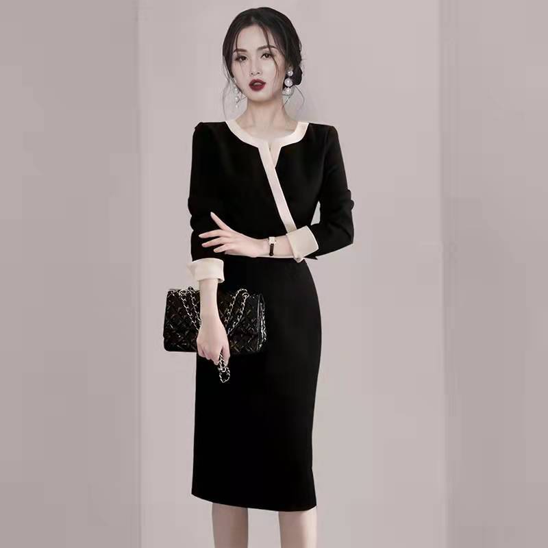 ワンピース ワンピドレス 膝丈 ひざ丈 膝下 長袖 Vネック カシュクール スリム タイト 細身 ストレート 切り替えデザイン 大人可愛い きれいめ シンプル 大人 上品 スタイリッシュ 大人女子