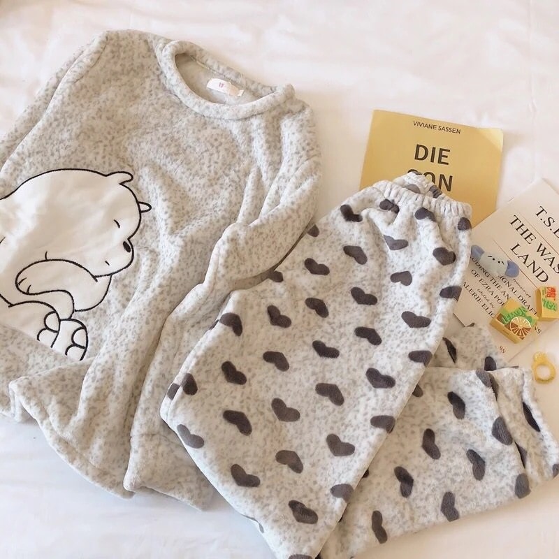 Gray Bear グレーベア柄 ふわふわ厚手フランネルルームウェア2点セット 女性パジャマ上下セット レディースパジャマ 33,214円