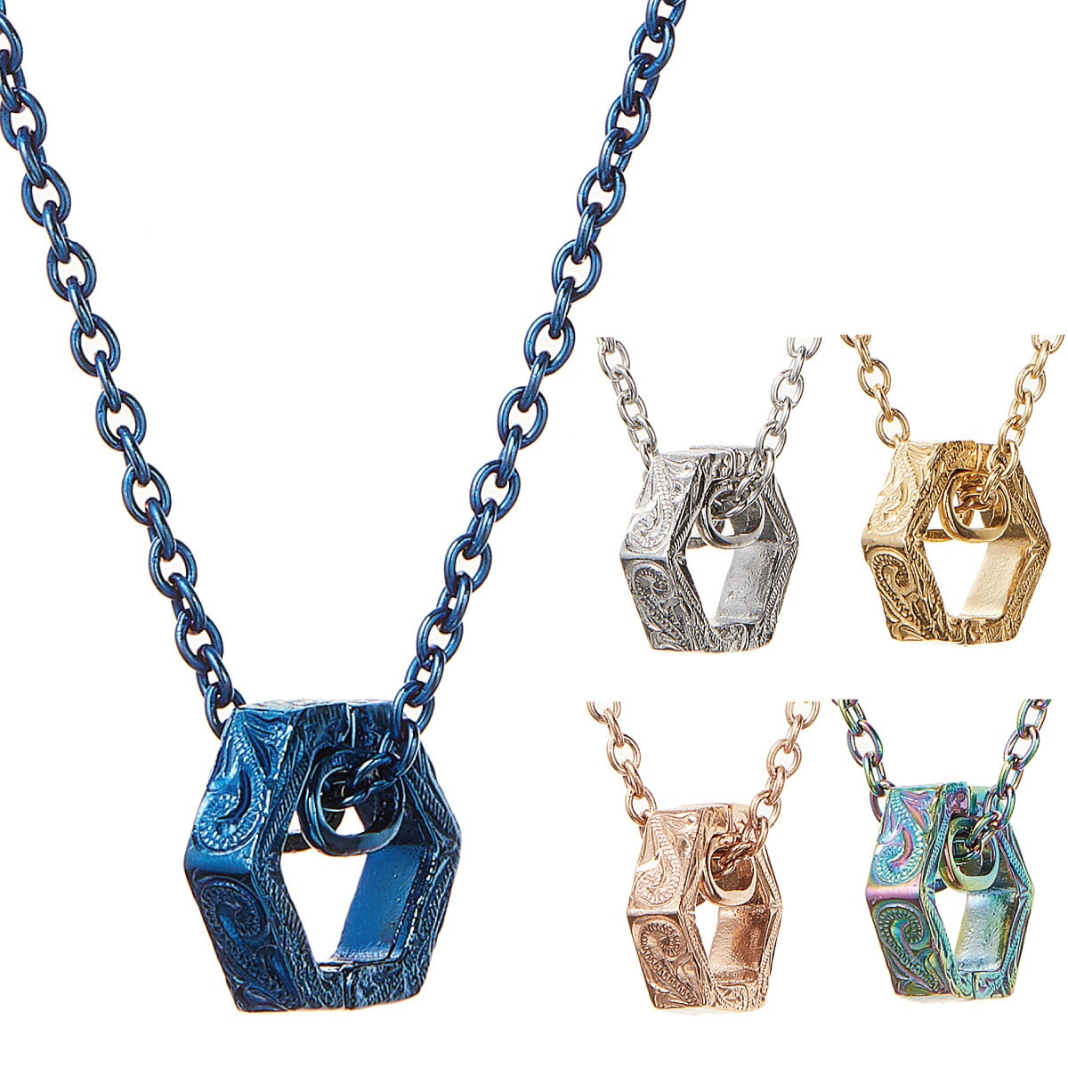 リングホルダー ネックレス ハワイアンジュエリー サージカルステンレス316L 六角形 スクロール