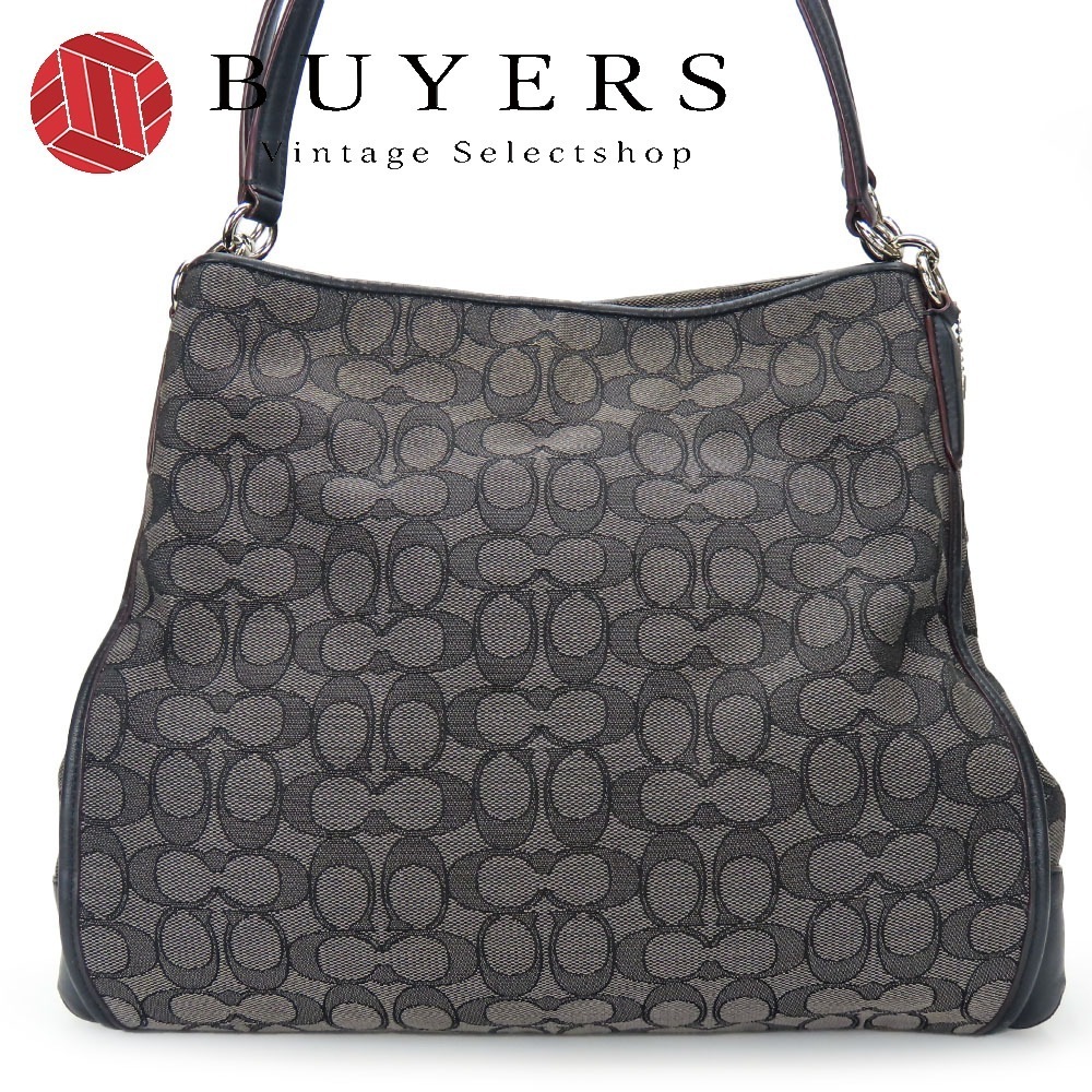 中古 トートバッグ フィービー F36424 シグネチャー キャンバス レザー ブラック グレー シルバー金具 肩掛け カジュアル 普段使い レディース 女性