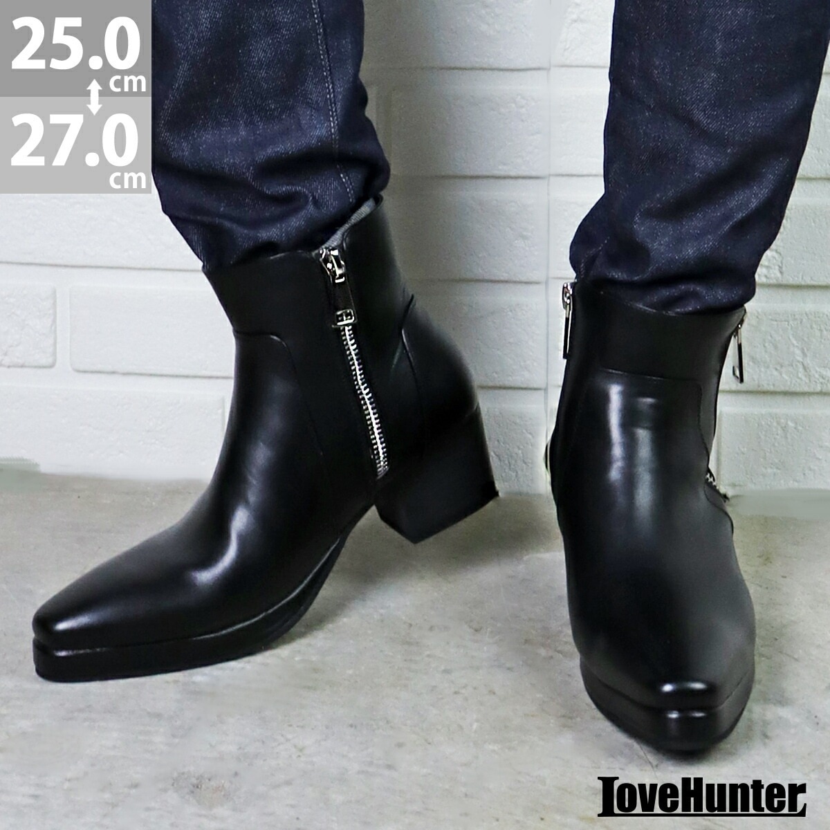 ブーツ ダブルジップ プラットフォームソール 厚底 プレーントゥ メンズ 6830 25.0-27.0cm 黒 ブラック LOVEHUNTER ラブハンター