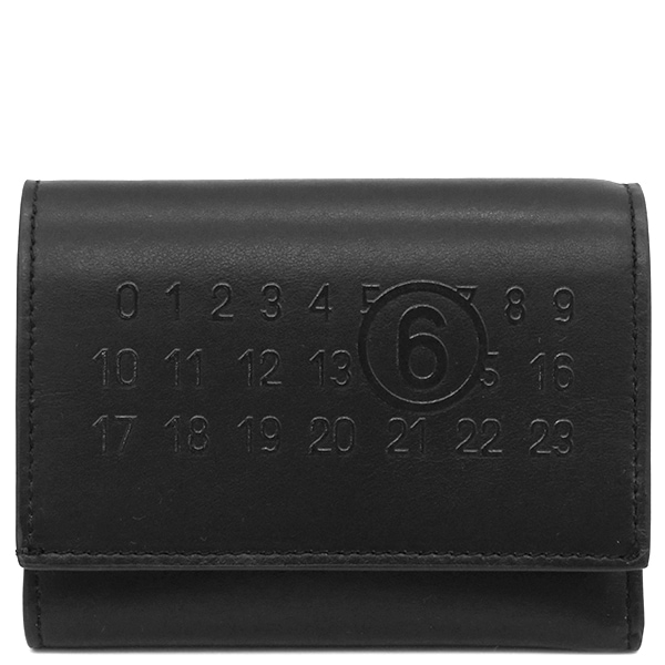 エムエムシックス MM6 三つ折り財布 LABEL LOGO TRIFOLD WALLET レザー ブラック シルバー金具 黒 SA5UI0009 【箱】【中古】