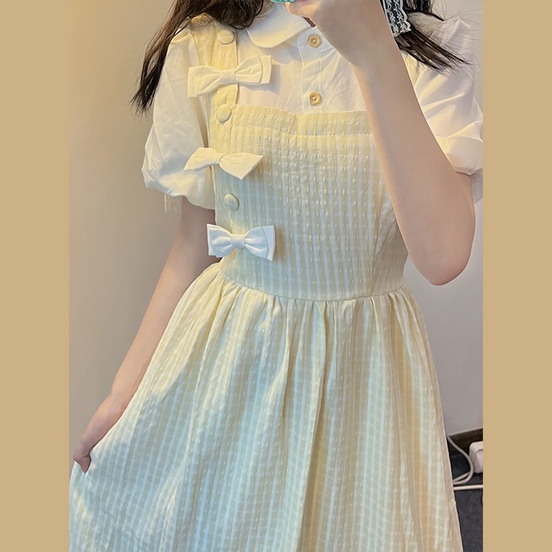 小柄な方向けカレッジスタイルサスペンダードレス文学芸術初恋ミルキースイートロングスカート女性用2024年夏