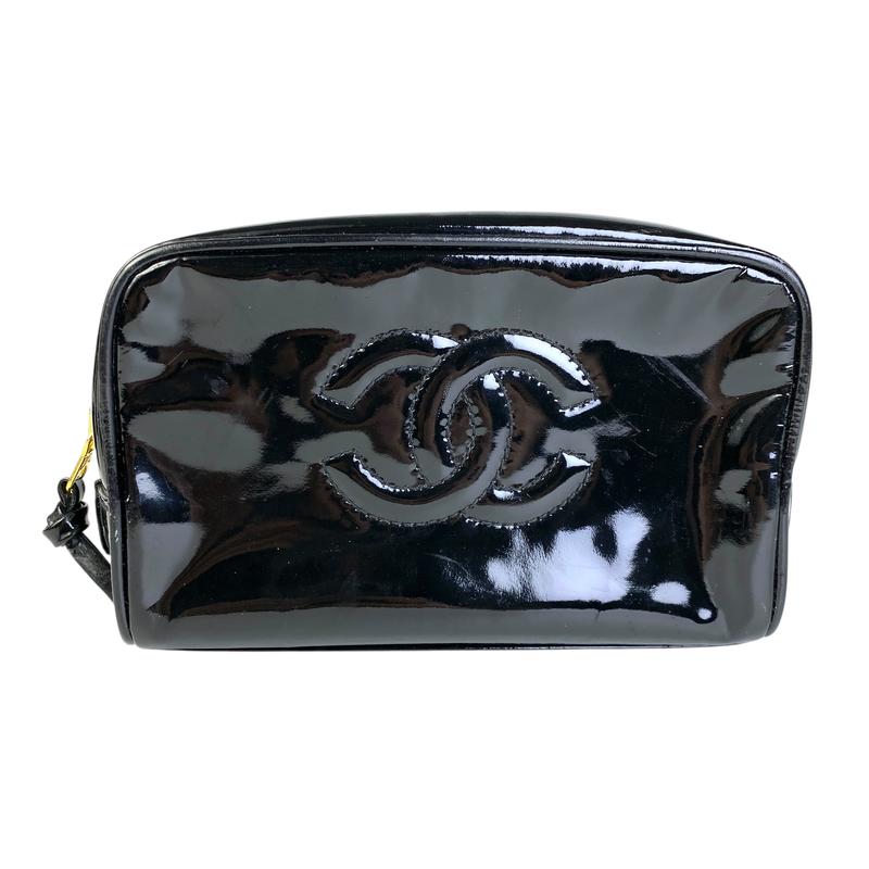 CHANEL シャネル ココマーク エナメル／パテントレザー ポーチ ブラック A-7833