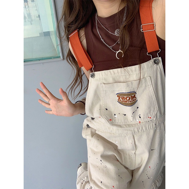 春夏の女性用スプラッシュインクデザインデニムオーバーオール小さなストレートレッグスリム胸フフワイドレッグジャンプスーツ 5,143円