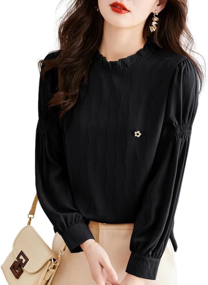 波柄ブラウス ミニブローチ付き 凹凸生地 デザイン袖 フリルネック パフスリーブ 長袖 レディース(ブラック, XL)