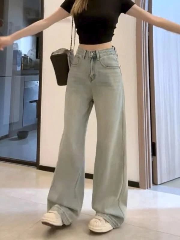 【送料無料】レディース ファッション オシャレ カワイイ シンプル 人カワイイ きいサイズ ライト ブルー ハイウエスト ジーンズ スリム ストレート パンツ カジュアル