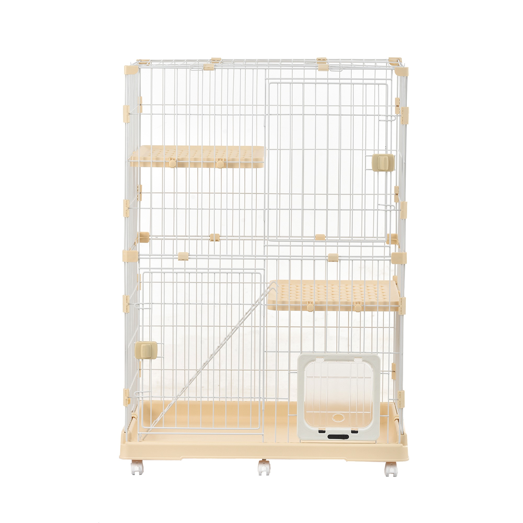 猫 ケージ 収納型 キャットケージ 2段 1段2段可能 キャスター付 キャットハウス 【ベージュ】