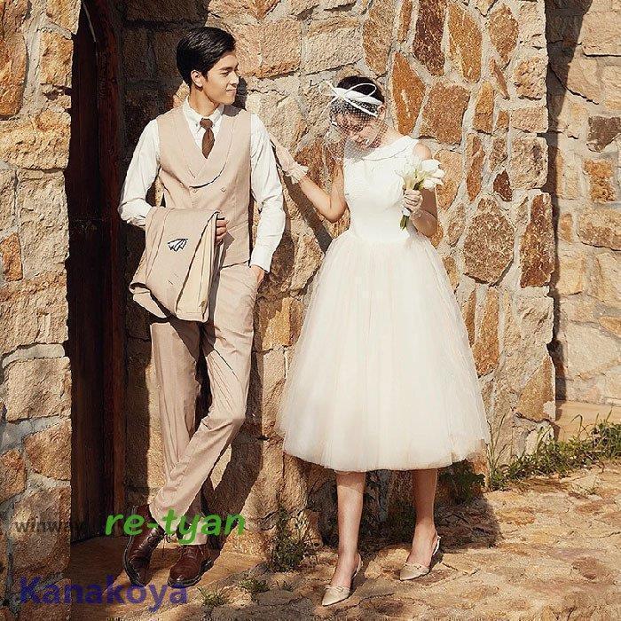 激安価格！ミモレ丈ドレス ウェディングドレス 結婚式 白ワンピース 二次会 花嫁 Aライン チュールスカート 可愛い パーティードレス旅行 撮影 春 夏 秋 ビーチフォト