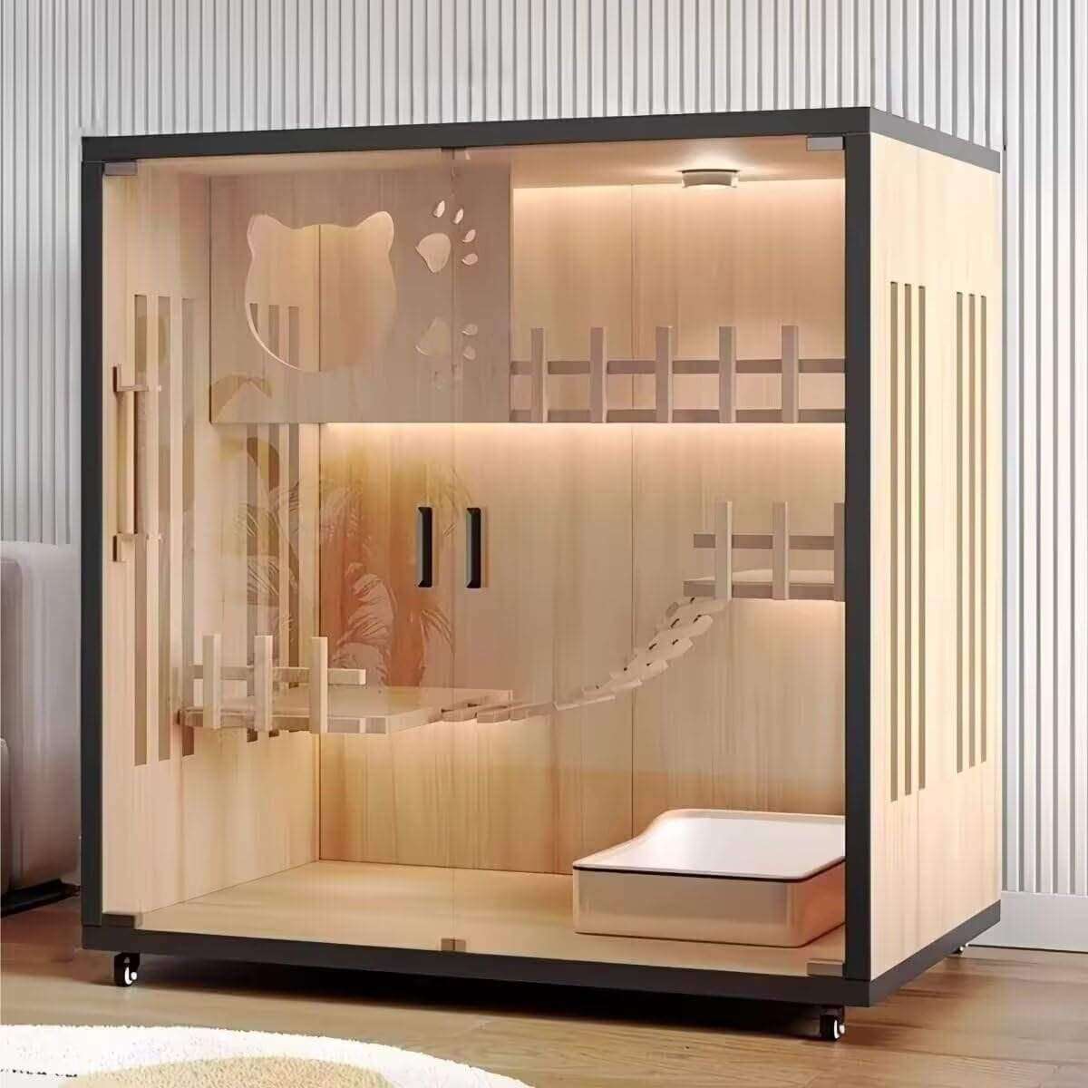 猫 ケージ 猫の家 大型 木製 キャットケージ キャスター付き 90*60*90cm 猫ゲージ 透明ガラスドア 多層 キャットヴィラ 可愛い 猫ハウス 多頭飼い ネコハウス 循環と換気 保護 脱走防止