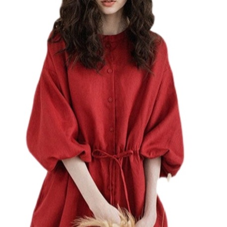 ランタンスリープドレス ワンピース ロング 袖あり ランタンスリーブ ラウンドネック 襟なし