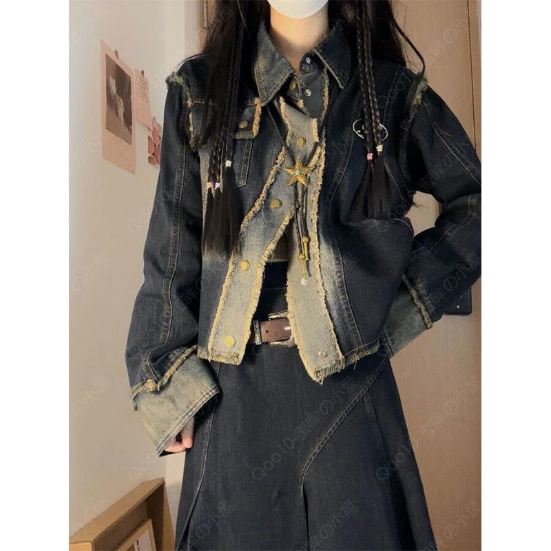 上下セット高級デザイン感デニムジャケットアメリカンレトロ半身ロングスカート2点セット春と秋-90 6,140円