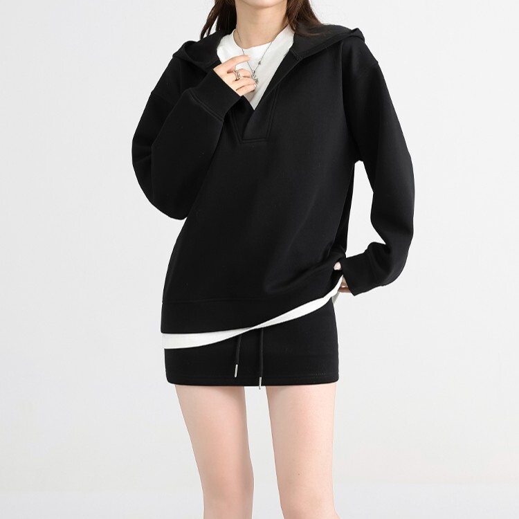 レディース スカート トップス プルオーバー パーカー セットアップ ミニスカート ミニ 長袖 Vネック フード オーバーサイズ かわいい シンプル カジュアル おしゃれ かっこいい ラフ