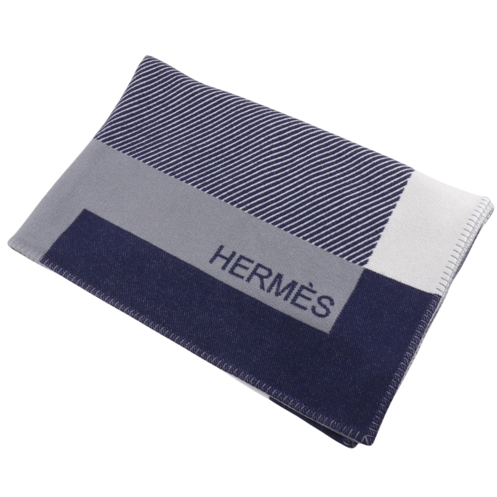 Hリヴィエラ 毛布 ブランケット ウール カシミヤ 紺 白 _ 中古品