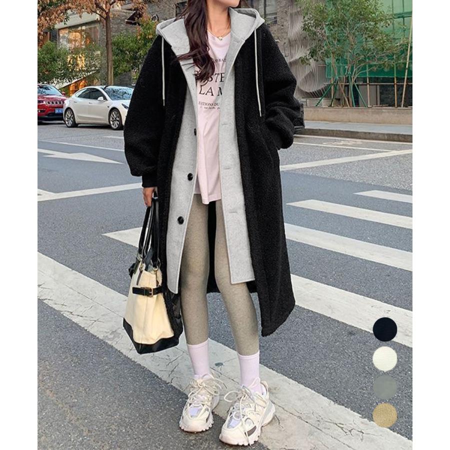 ボアロングパーカーレイヤード風ボアコート