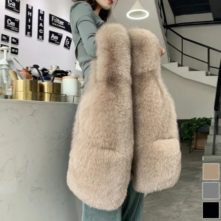 【Jasmine】サラサラフェイクファーボリュームベスト 韓国ファッション ツイードジャケット ショートジャケット 春夏秋冬 オフィスカジュアル トレンチコート ロングコート ミニワンピース ファーベ